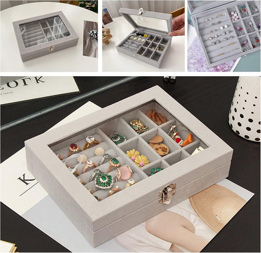 Grey Velvet Jewelry Storage Box Organizer