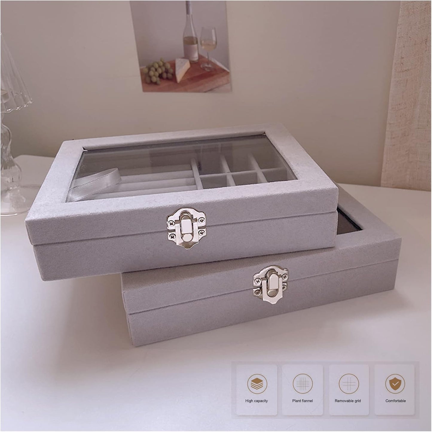 Grey Velvet Jewelry Storage Box Organizer